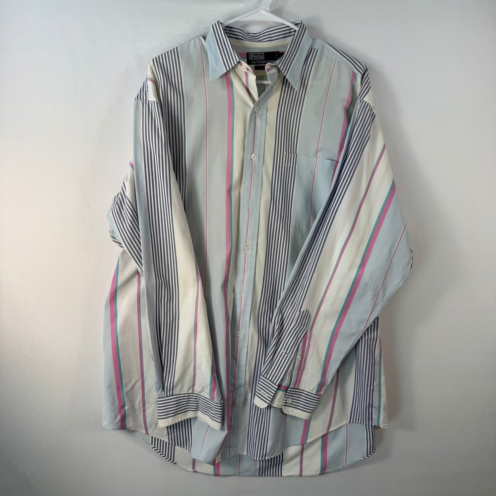 Polo Ralph Lauren Mens Large Cotton Striped Button Down Shirt Blue Pink Teal L